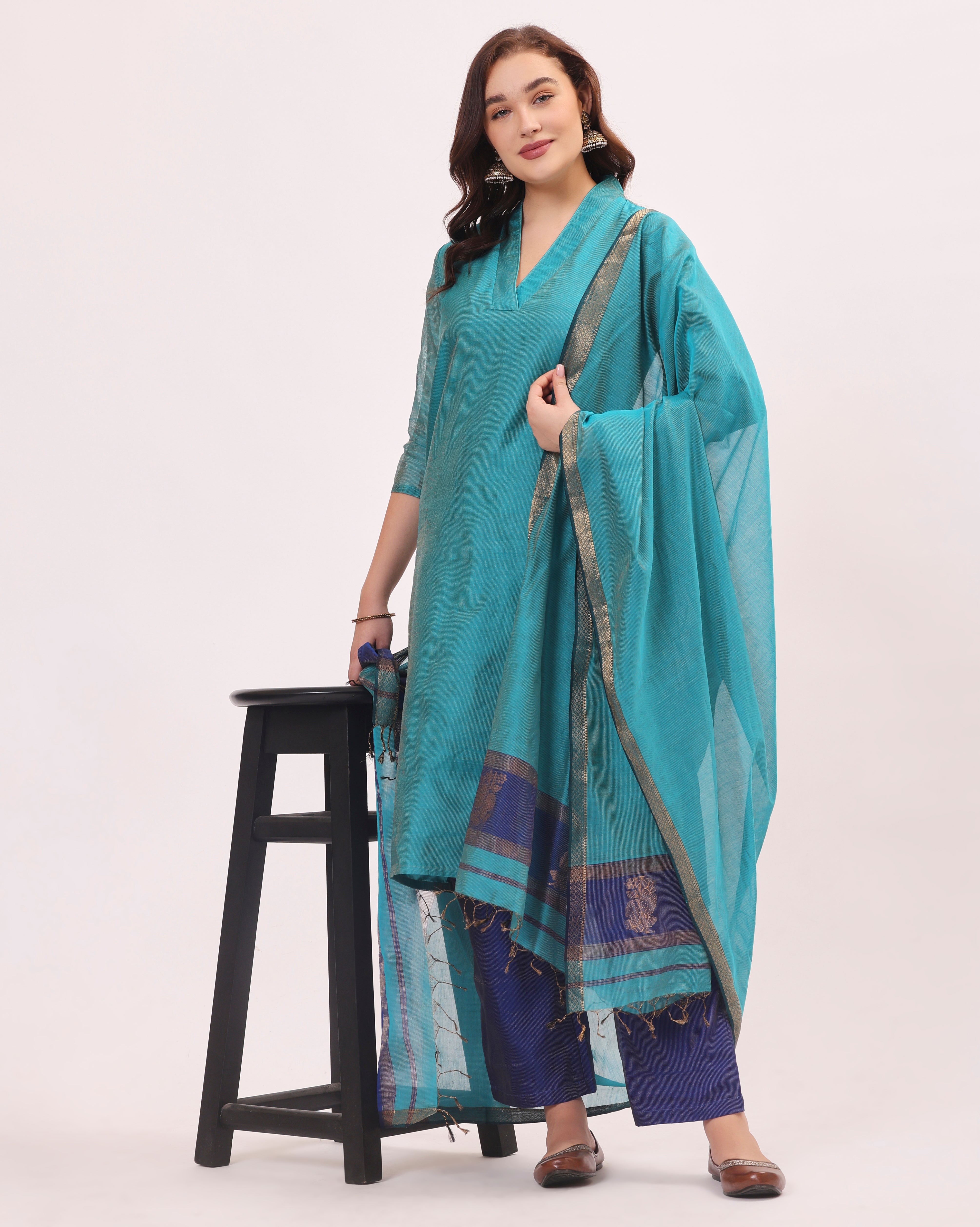 Sky Blue Drawstring Print Silk Suit