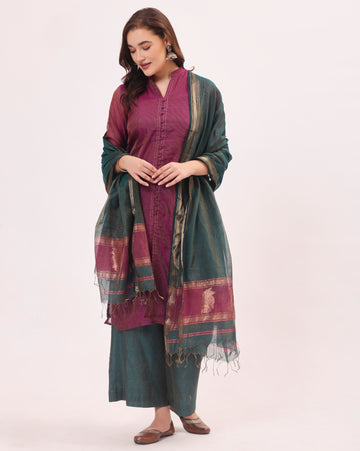 Bright Wine Maheshwari Handwoven Tissue Silk Suit Set With Tissue Dupatta