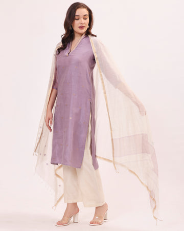 Lilac Maheshwari Handwoven Silk and Cotton Suit Set With Organza Dupatta