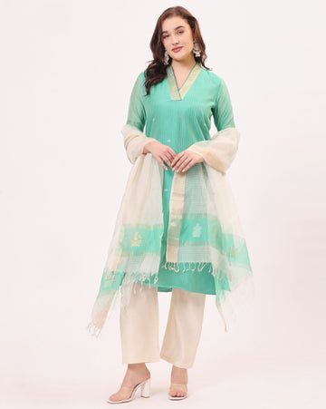 Sea Green Maheshwari Handwoven Silk and Cotton Suit Set With Organza Dupatta