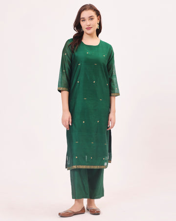Forest Green Maheshwari Handwoven and Hand Embroidered Silk and Cotton Suit two piece