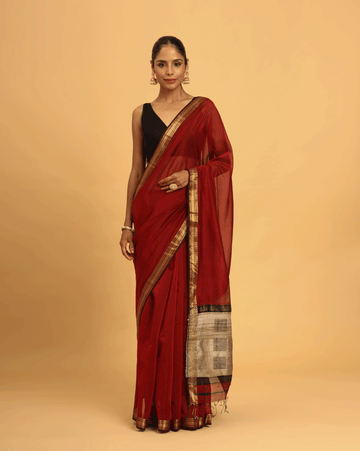 Rust Red Tussar silk Pallu Maheshwari Saree
