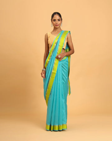 Sky Blue Maheshwari Handwovn Resham Border Saree
