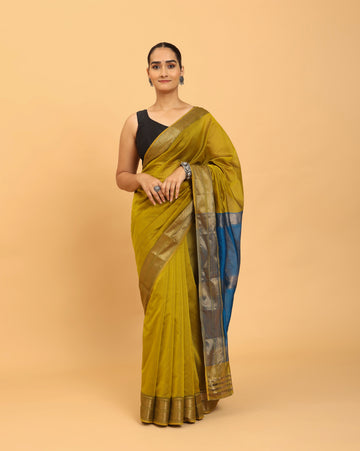 Mustard Maheshwari Handwoven Gold Jari Border Saree