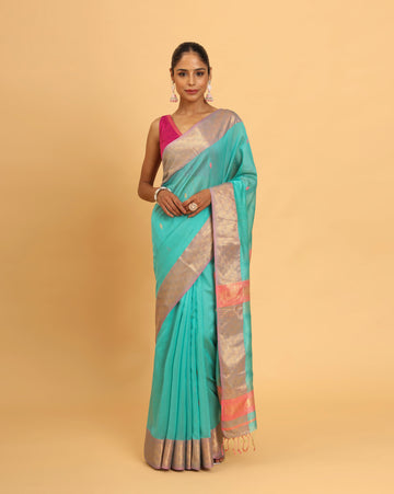Sea Blue Maheshwari Handwoven Meena Butti Saree