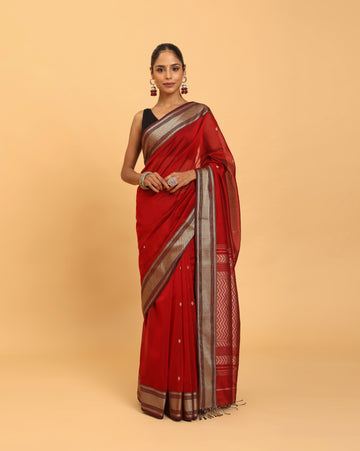 Rust Red Resham Border Handwoven Jalla Pallu Saree