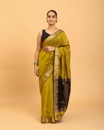 Mustard Maheshwari Handwoven Jari Butti Pallu Saree