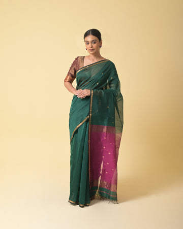 Bottle Green Maheshwari Handwoven Silk Cotton Jari Booti Pallu