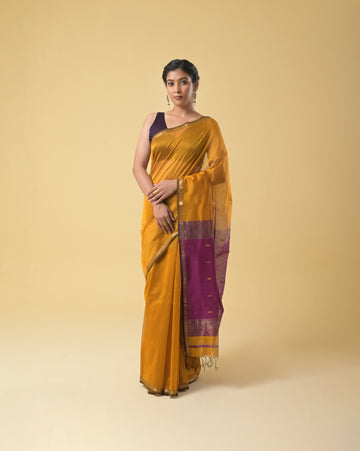 Mustard Maheshwari Handwoven Silk Cotton Gold Jari Booti Saree