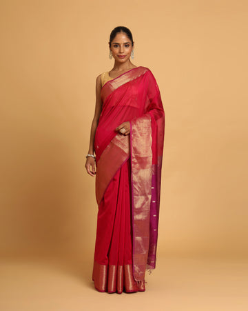 Crimson Red Maheshwari Handwoven Jari Butti Pallu Saree