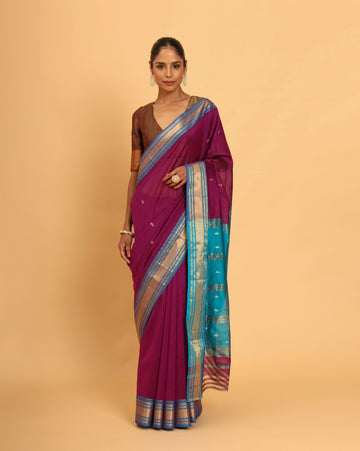 Wine Maheshwari Handwoven Jari Butti Pallu Saree