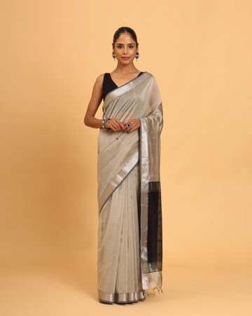 Beige Maheshwari Silver Jari Butti Pallu Saree