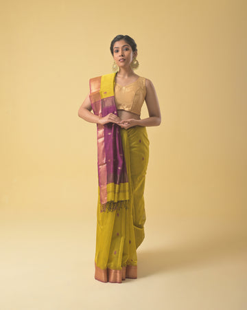 Mustard Maheshwari Handwoven Silk Cotton Booti Pallu