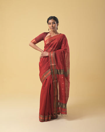 Rust Red Maheshwari Handwoven Silk Cotton Saree