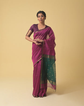 Pink Maheshwari Handwoven Silk Cotton Booti Pallu Saree