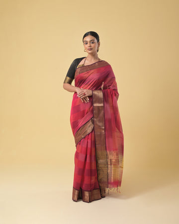 Dark Pink Tie and Dye Maheshwari Handwoven Silk Cotton Saree