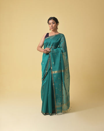 Bottle Green Maheshwari Handwoven Silk Cotton Jari Booti Pallu