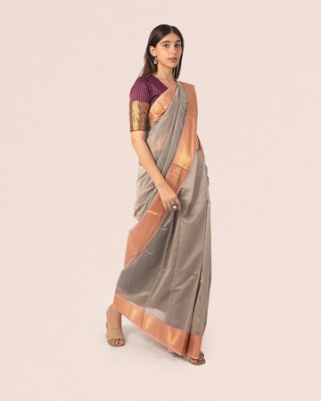 Grey Pure Silk & Cotton Maheshwar Saree with Striped Pallu and Light Peach Zari Border