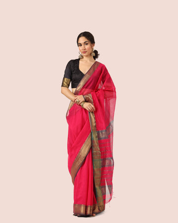 Ruby Rani Pink Maheshwari Handwoven Silk Cotton with Jari Border