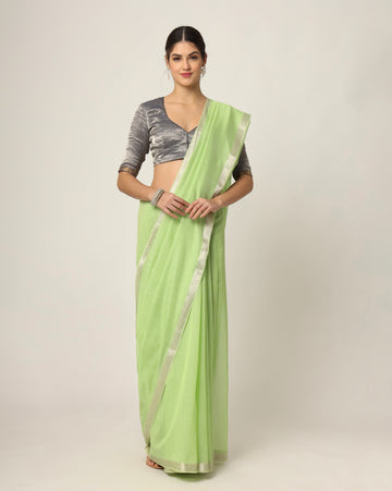 Pista Green Check Maheshwari Handwoven Silk Cotton Silver Jari Border