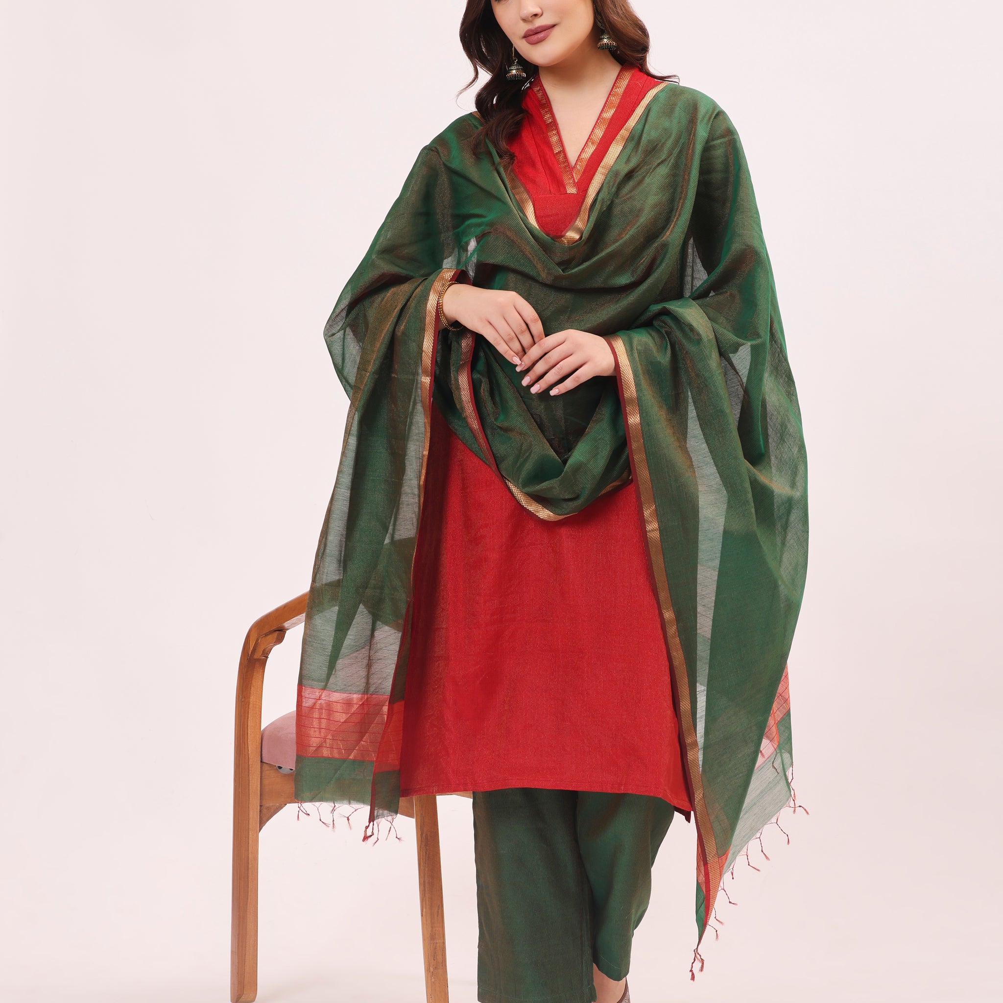 Bright Red Handwoven Maheshwari Tissue Silk Suit Set With Tissue Dupatta