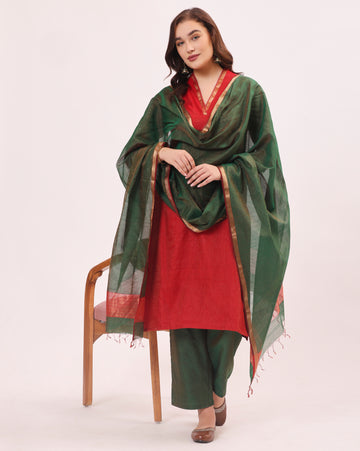 Bright Red Handwoven Maheshwari Tissue Silk Suit Set With Tissue Dupatta