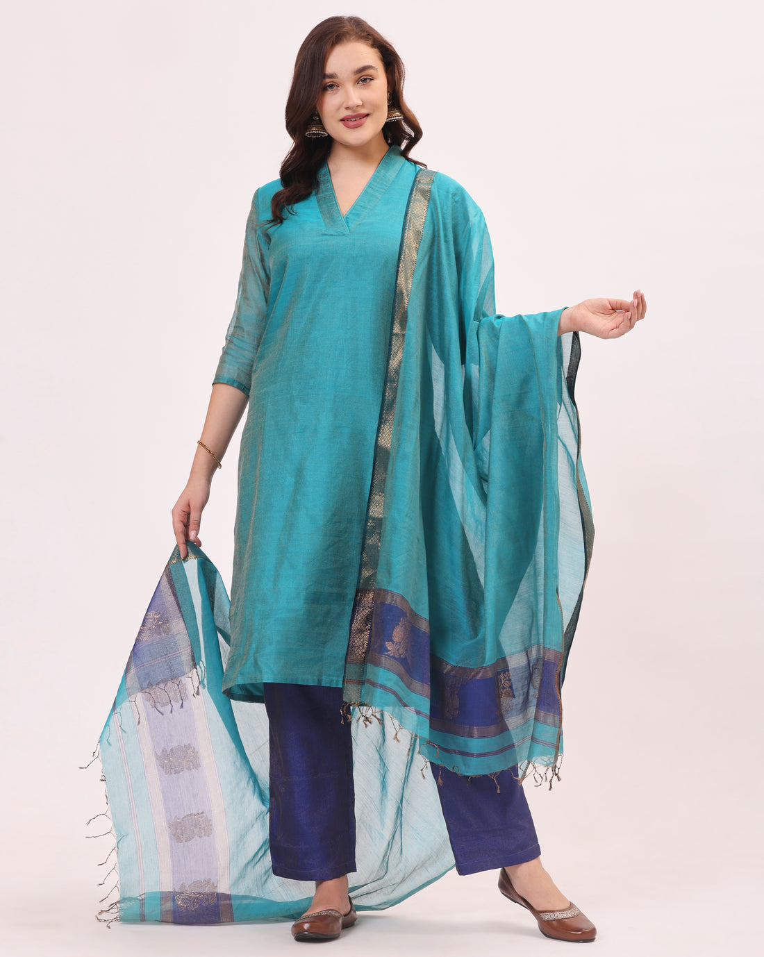 Bright Sky Blue Maheshwari Handloom Tissue Silk Suit Set With Tissue Dupatta