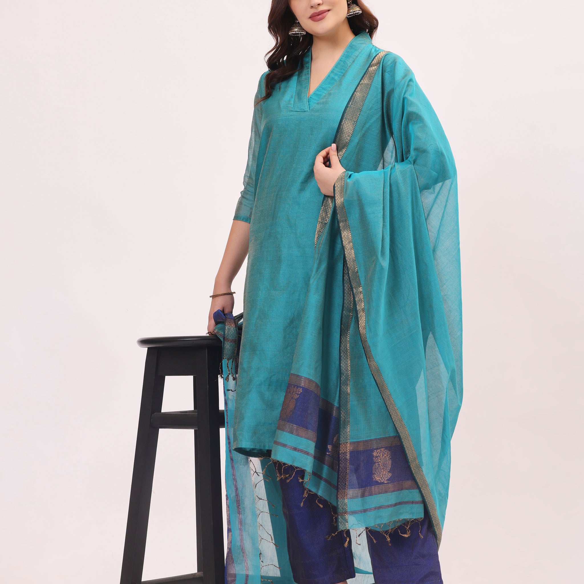 Bright Sky Blue Maheshwari Handloom Tissue Silk Suit Set With Tissue Dupatta