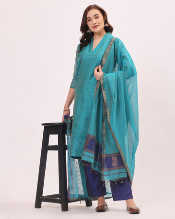 Bright Sky Blue Maheshwari Handloom Tissue Silk Suit Set With Tissue Dupatta