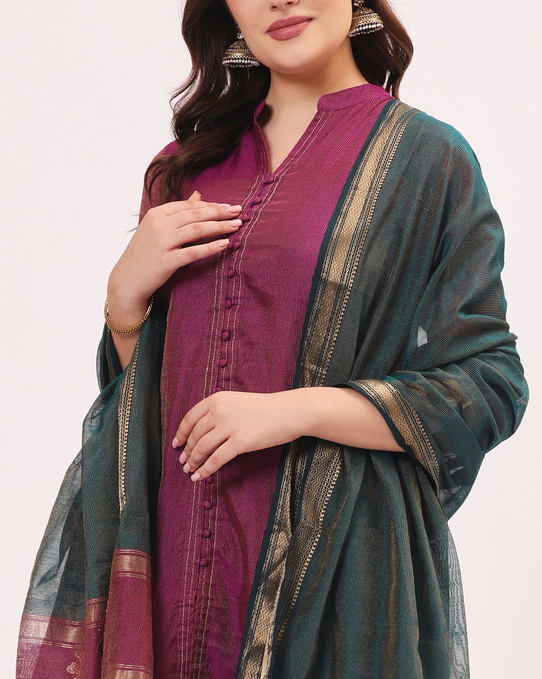 Bright Wine Maheshwari Handwoven Tissue Silk Suit Set With Tissue Dupatta