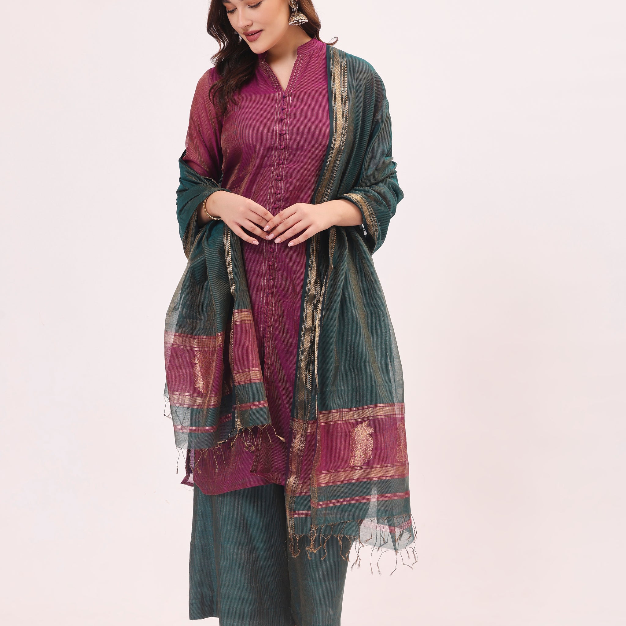 Bright Wine Maheshwari Handwoven Tissue Silk Suit Set With Tissue Dupatta