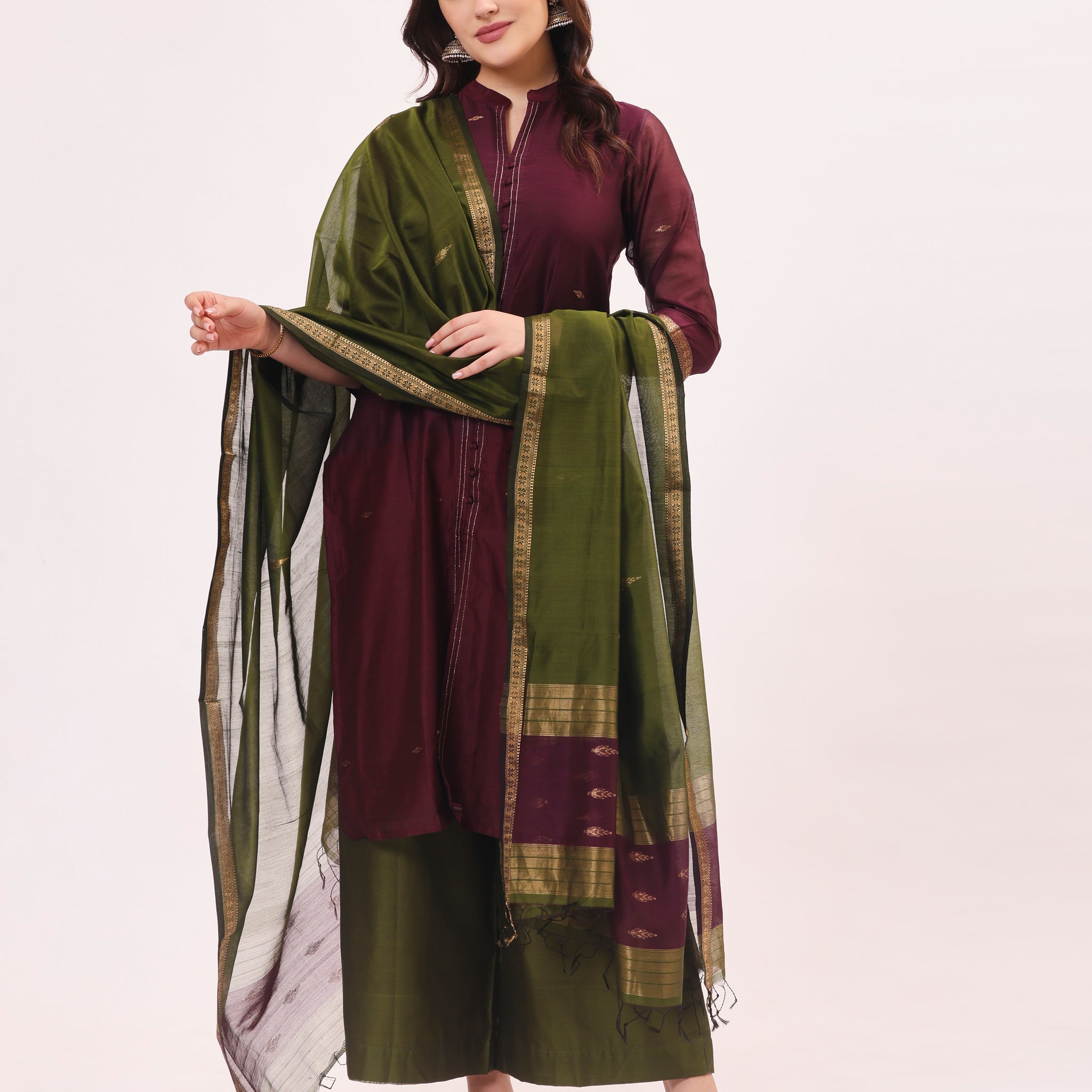 Bright Wine Maheshwari Handwoven Tissue Silk Suit Set With Tissue Dupatta