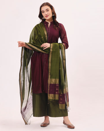 Bright Wine Maheshwari Handwoven Tissue Silk Suit Set With Tissue Dupatta