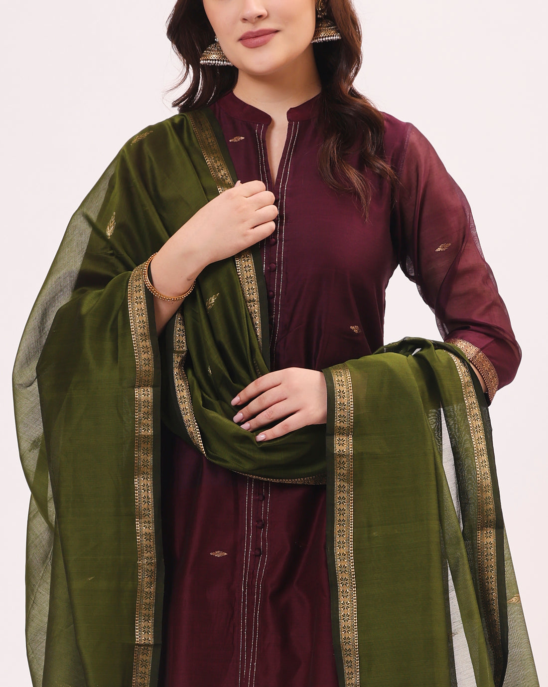 Bright Wine Maheshwari Handwoven Tissue Silk Suit Set With Tissue Dupatta