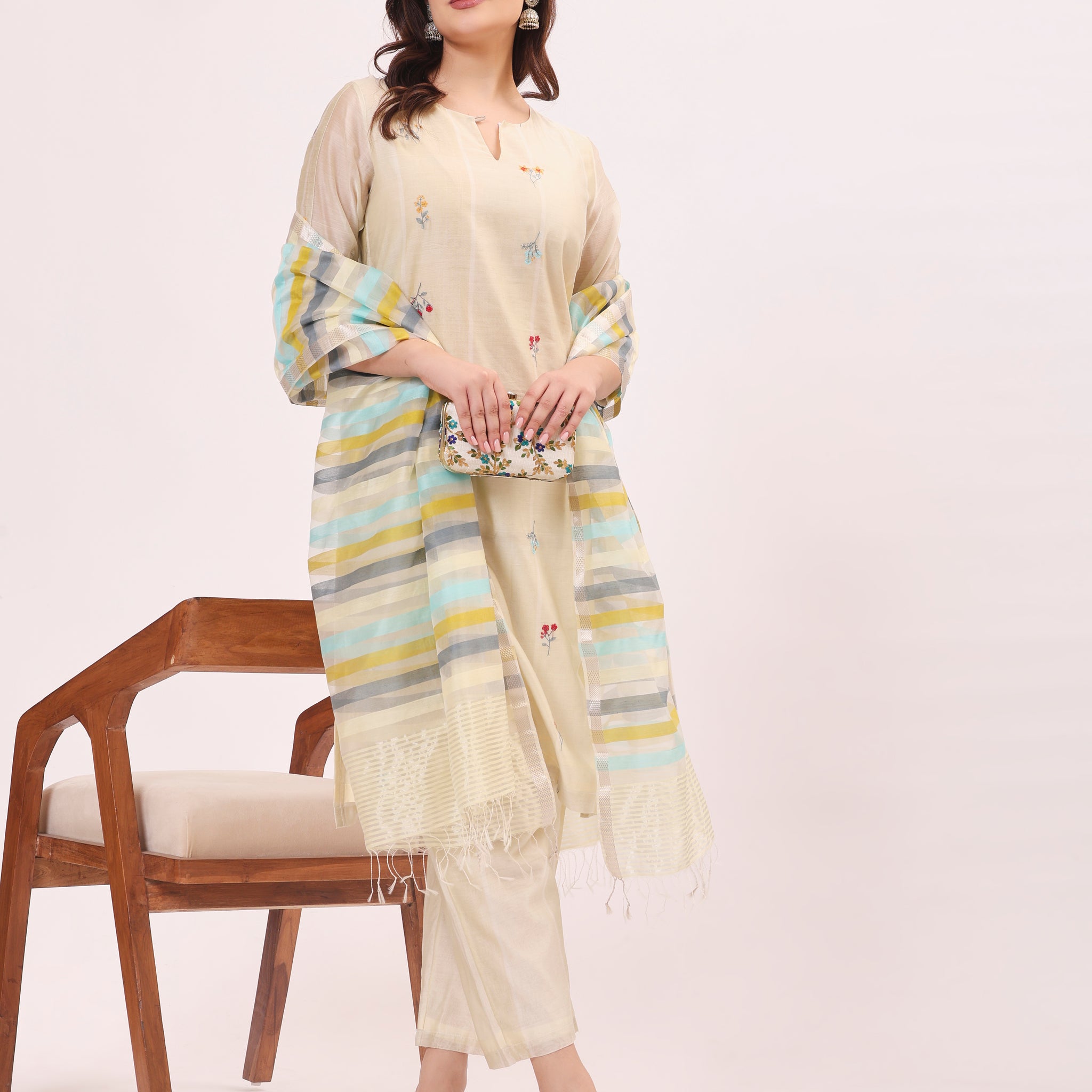 Beige Pure Maheshwari Silk and Cotton Hand Embroidered Kurta Set With Organza Multi Stripe Dupatta