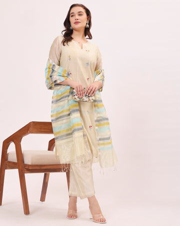 Beige Pure Maheshwari Silk and Cotton Hand Embroidered Kurta Set With Organza Multi Stripe Dupatta