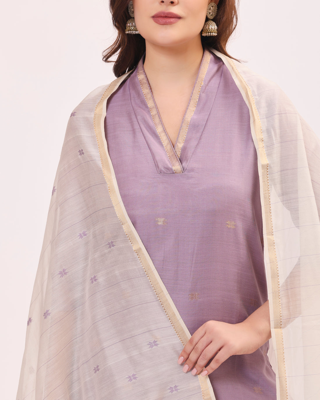 Lilac Maheshwari Handwoven Silk and Cotton Suit Set With Organza Dupatta