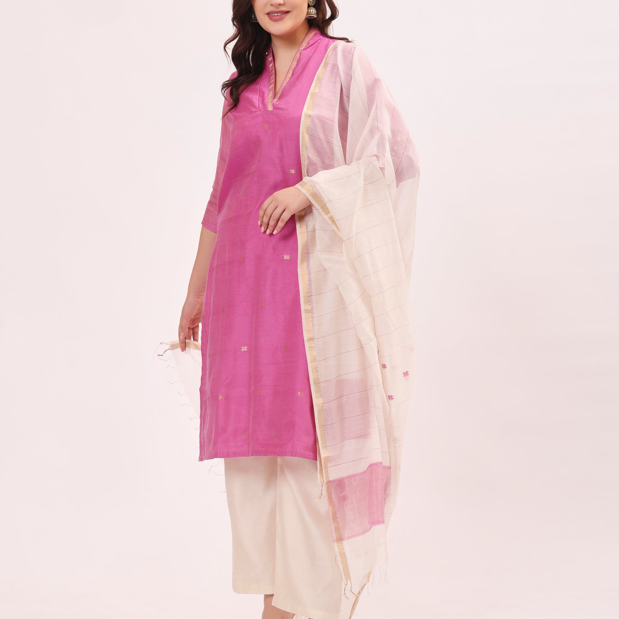 Pink Maheshwari Handwoven Silk and Cotton Suit Set With Organza Dupatta