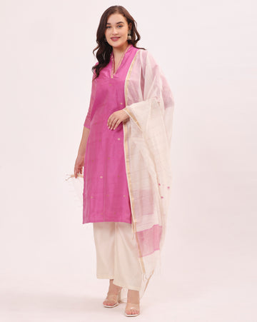 Pink Maheshwari Handwoven Silk and Cotton Suit Set With Organza Dupatta