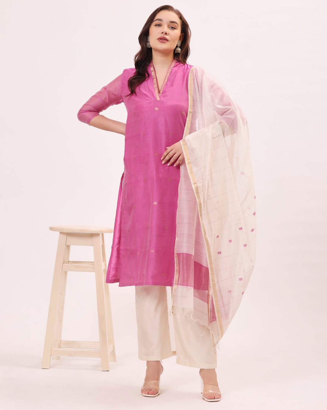 Pink Maheshwari Handwoven Silk and Cotton Suit Set With Organza Dupatta