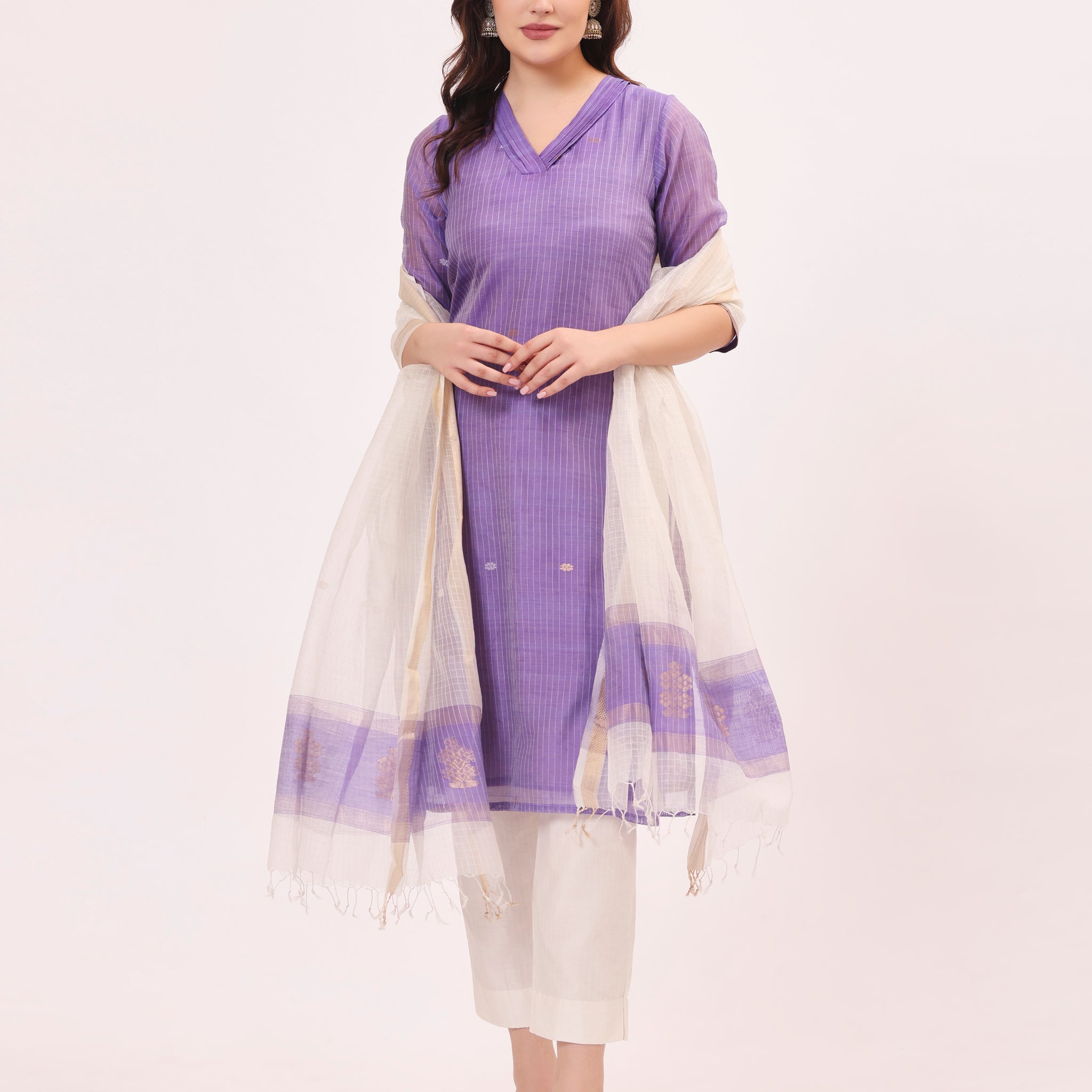 Purple Maheshwari Handloom Silk and Cotton Suit Set With Organza Dupatta