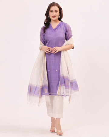 Purple Maheshwari Handloom Silk and Cotton Suit Set With Organza Dupatta