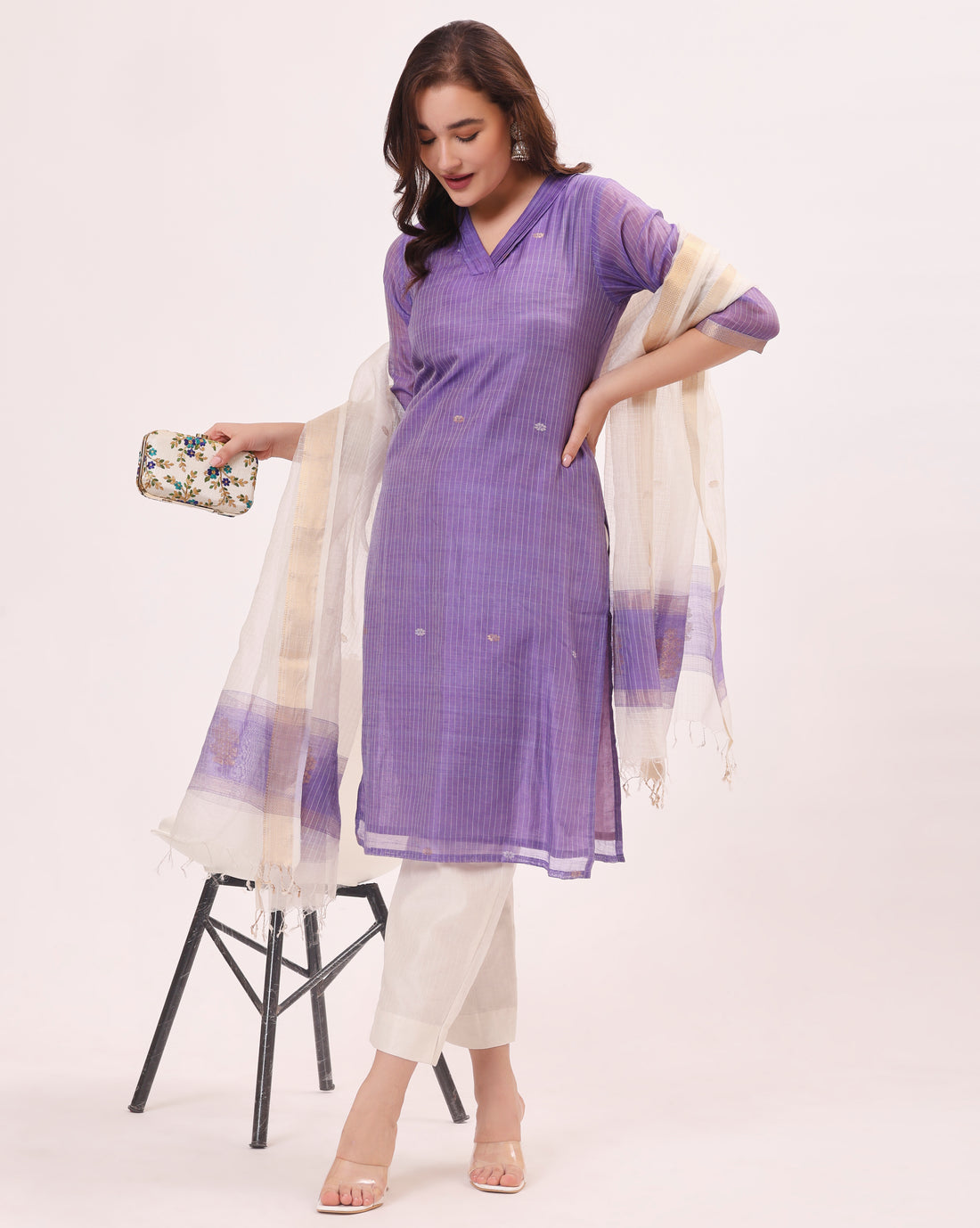 Purple Maheshwari Handloom Silk and Cotton Suit Set With Organza Dupatta