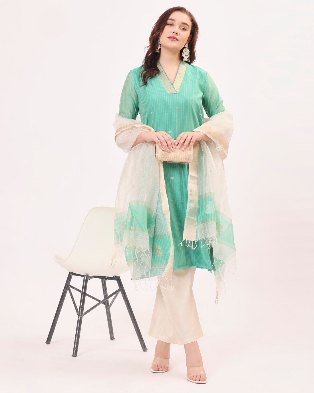 Sea Green Maheshwari Handwoven Silk and Cotton Suit Set With Organza Dupatta