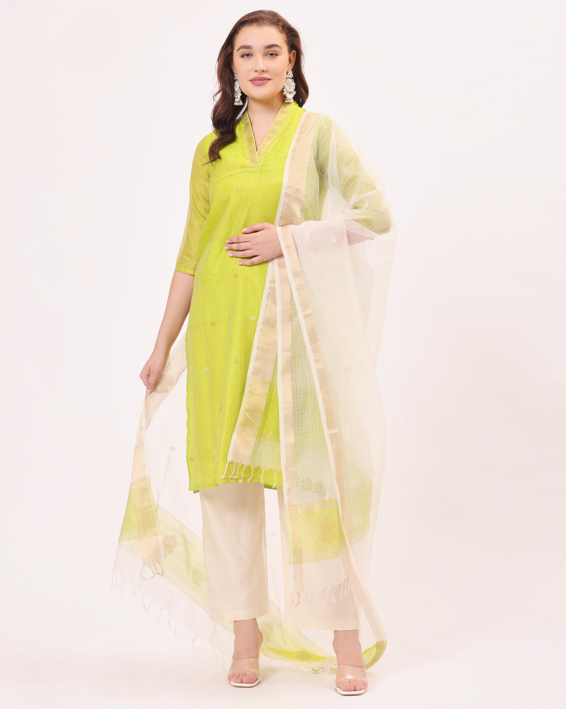 Lime Yellow Maheshwari Handwoven Silk and Cotton Suit Set With Organza Dupatta