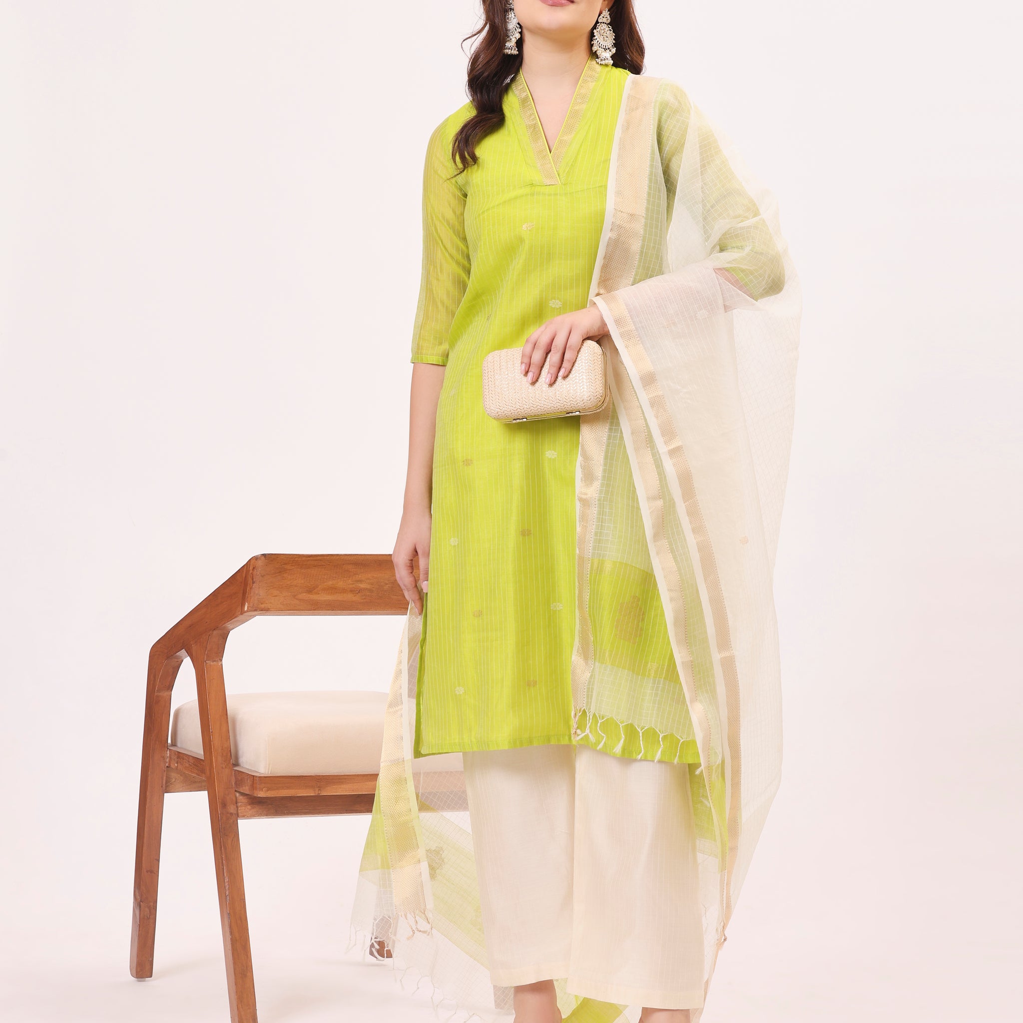 Lime Yellow Maheshwari Handwoven Silk and Cotton Suit Set With Organza Dupatta