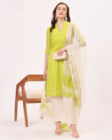 Lime Yellow Maheshwari Handwoven Silk and Cotton Suit Set With Organza Dupatta