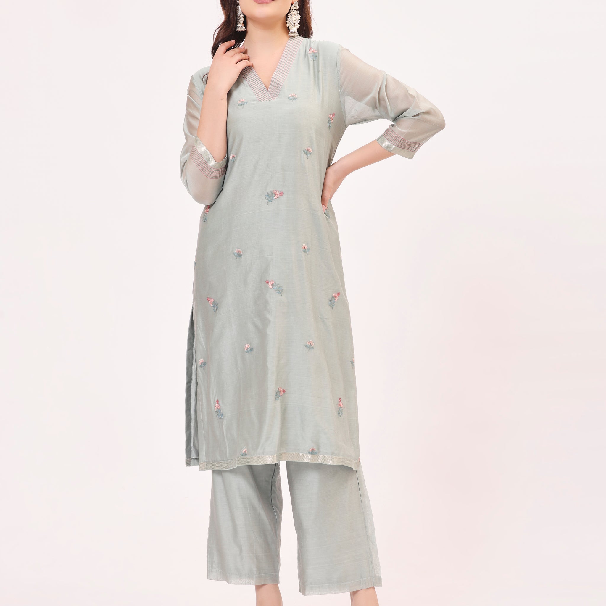 Grey Maheshwari Handwoven and Hand Embroidered Silk and Cotton Suit two piece