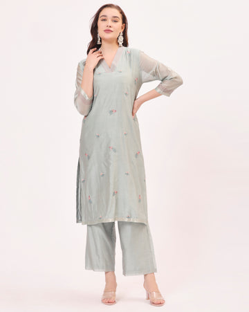 Grey Maheshwari Handwoven and Hand Embroidered Silk and Cotton Suit two piece