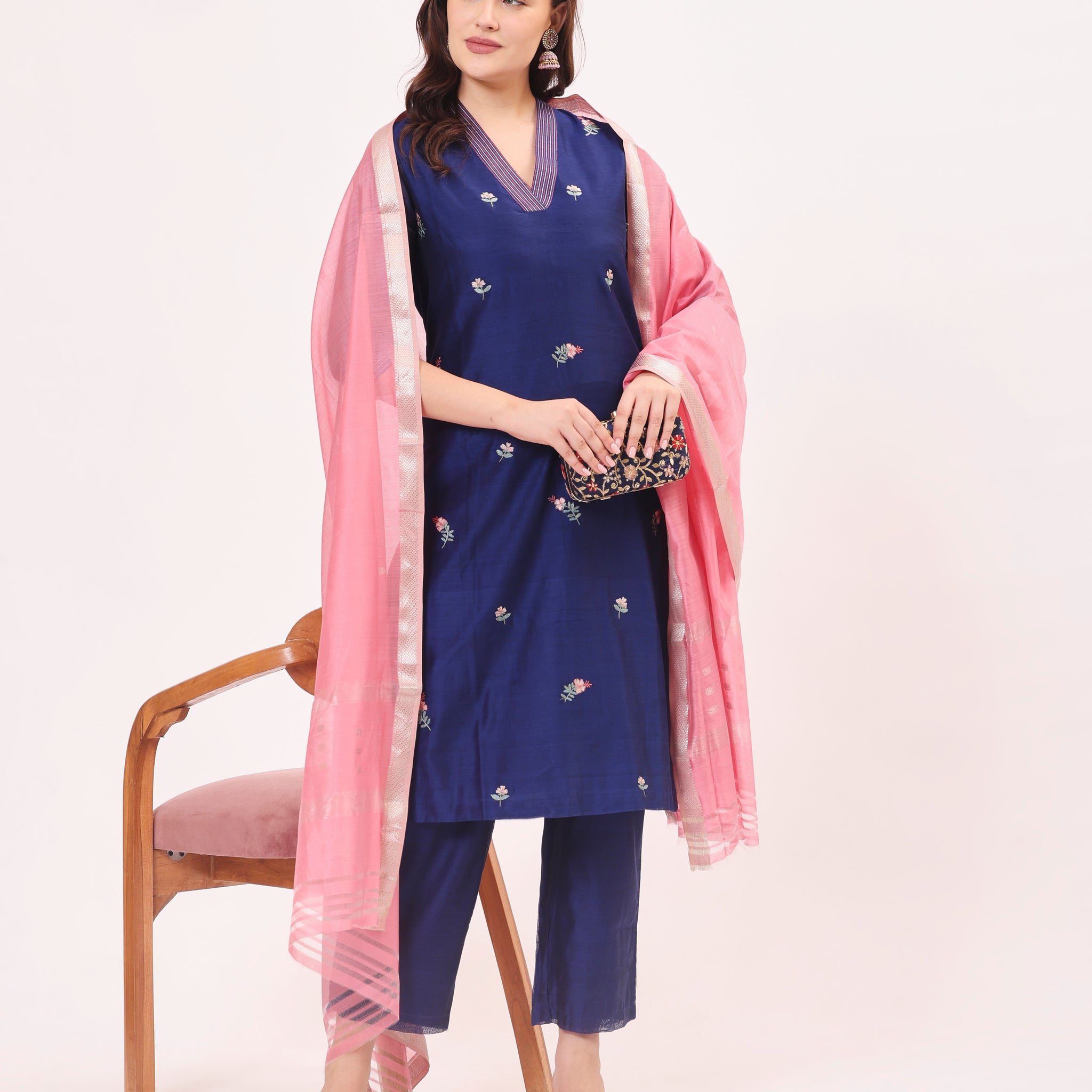 Navy Blue Maheshwari Handwoven Silk and Cotton Suit Set With Organza Dupatta